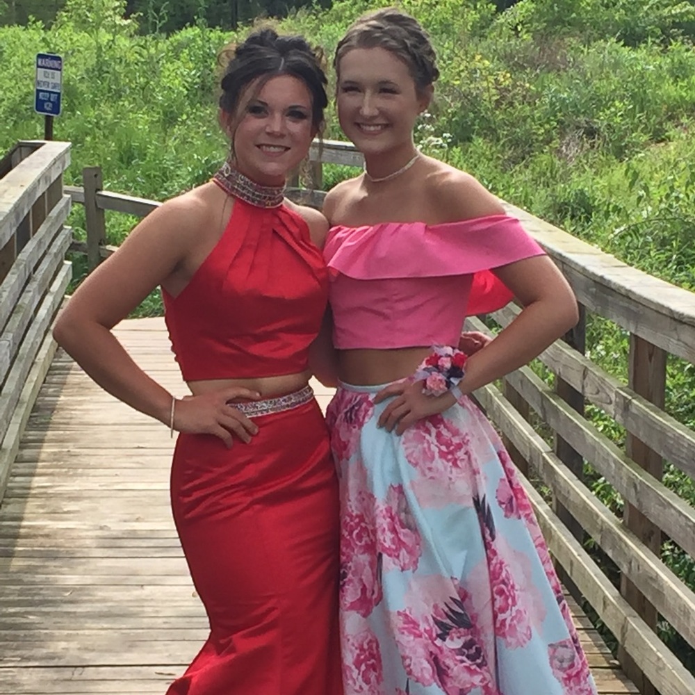 Pink and Blue Floral Prom Dress